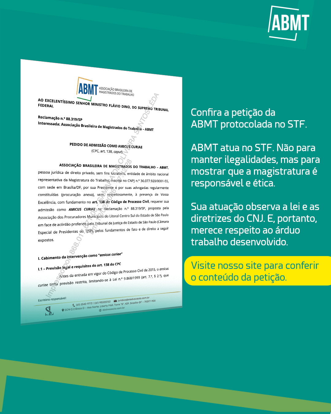 Confira a petição da ABMT protocolada no STF
