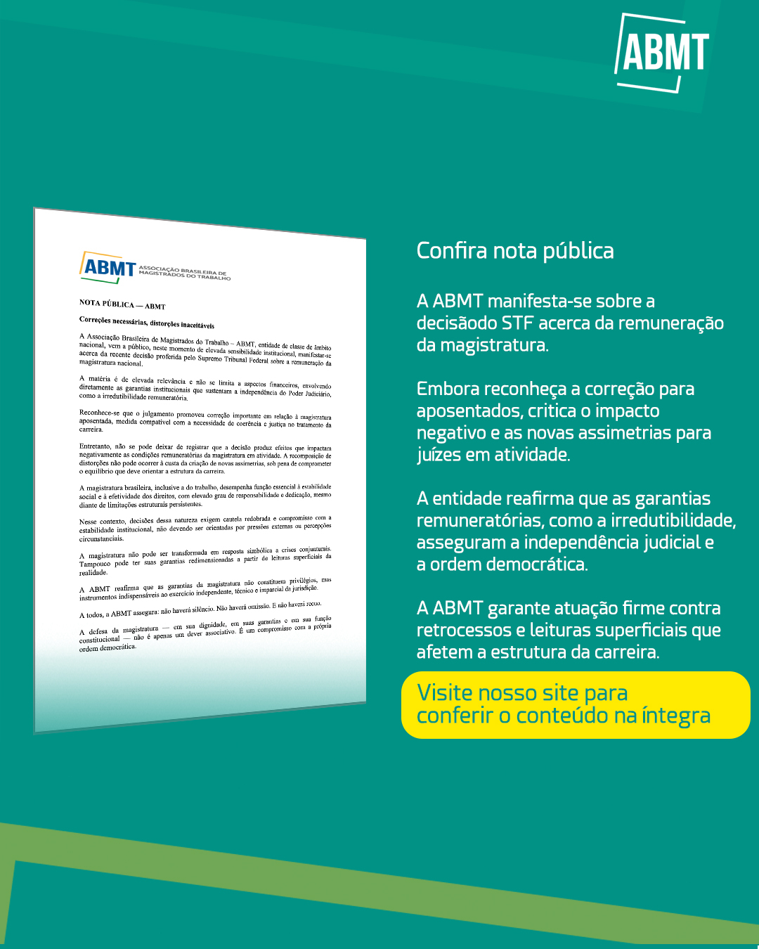 NOTA PÚBLICA — A ABMT manifesta-se sobre a decisão do STF acerca da remuneração da magistratura.